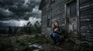 a frightened person next to a house under a stormy sky, symbolizing vulnerability to harm